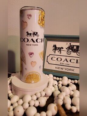Luxury Inspired White Tumbler with Gold & Pink Jewel Motif. Hand Crafted